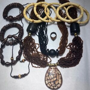 Mixed Boho Jewelry Lot Bamboo Bangles Wood Seed Bead Necklaces Claires Earrings